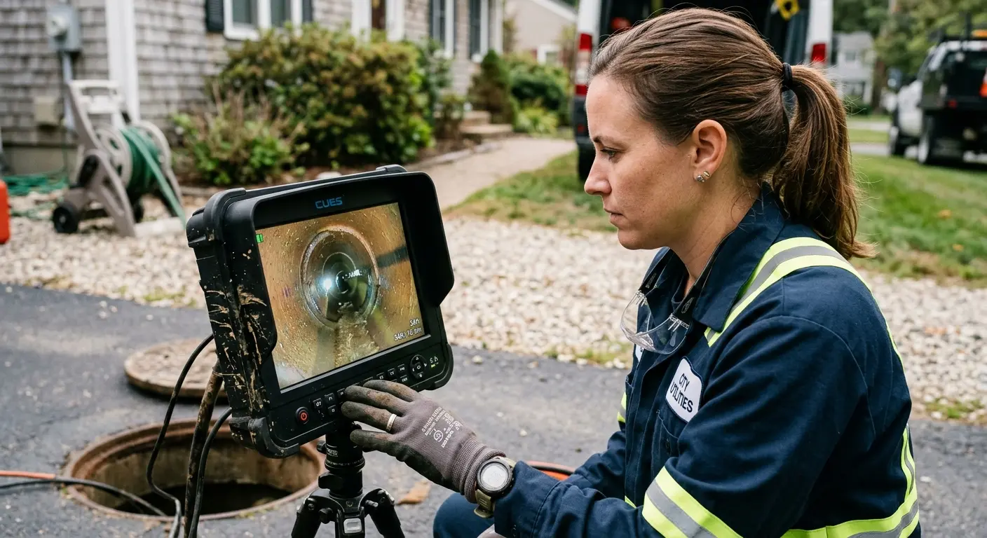 Technician reviewing sewer camera inspection footage in Monee