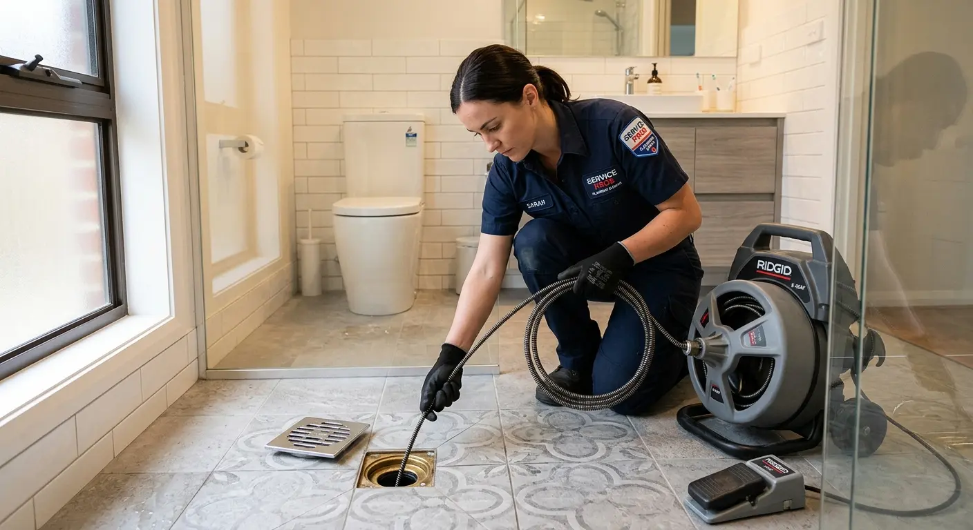 Technician clearing a bathroom floor drain for Sewer Line Installation in Monee